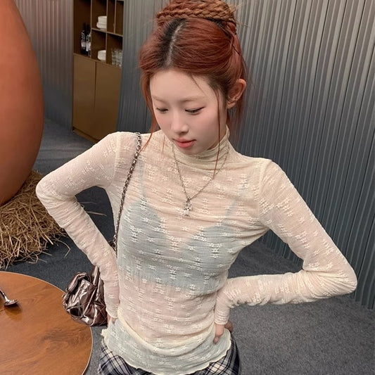 シースルー カットソー ハイネック レディース 韓国 ファッション 花柄 フェミニン かわいい Tシャツ ストレッチ タイト すけ感 シアーメッシュ 長袖 クリンクルネック レタス
