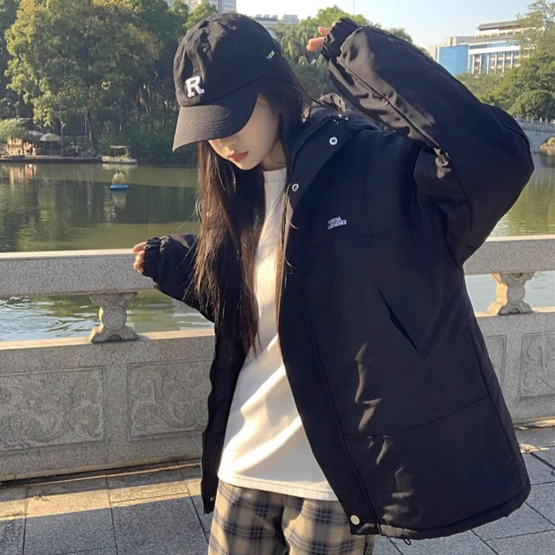 中綿 マウンテンパーカー レディース 韓国 ファッション ロゴ ナイロンジャケット バイカラー ロゴ アウター