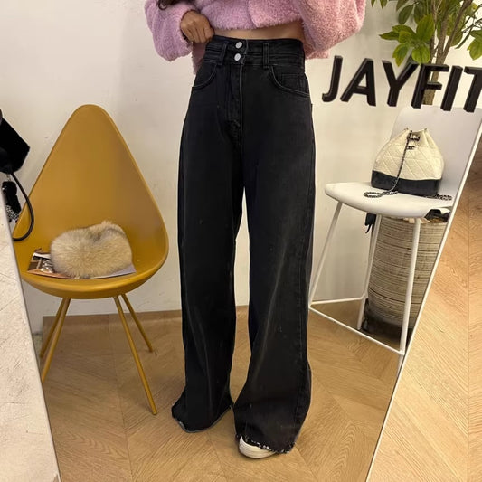 ワイド デニムパンツ ワイド レディース 韓国 ファッション フレア ハイウエスト ジーンズ 脚長効果 インディゴ ブラック デニム
