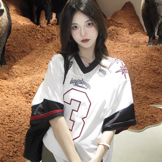 ゲームシャツ レディース 韓国 オーバーサイズ メッシュ 切替 Tシャツ ナンバーロゴ Vネック メンズライク