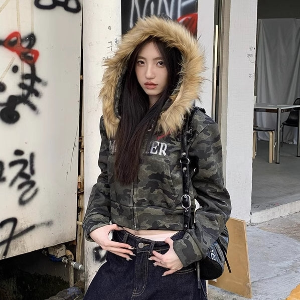 カモフラ ファーフード パーカー レディース クロップド丈 フーディー 韓国 ファッション トップス ショート 迷彩 ロゴ スウェット パーカー