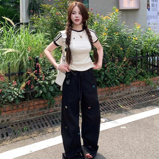 ライン チビ Tシャツ レディース 韓国 ファッション クロップ スポーティー tシャツ ストレッチ 夏 トップス