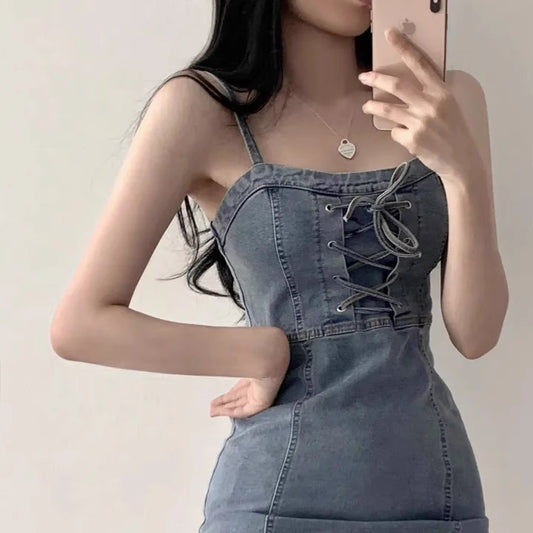 デニム ミニワンピース レディース レースアップ ノースリーブ デニムワンピ 韓国 ファッション キャミワンピース タイトストレッチ ノースリーブ おしゃれ デニム