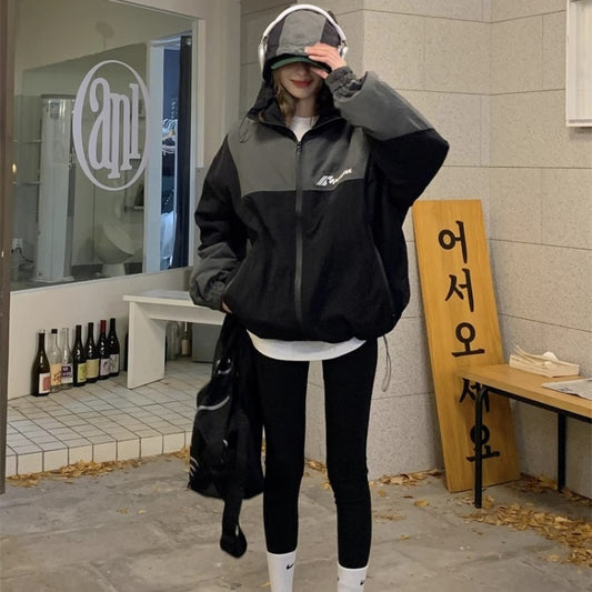カラーブロック ナイロンジャケット レディース 韓国 ファッション ジップアップ ロゴ ナイロンパーカー ナイロンジャケット