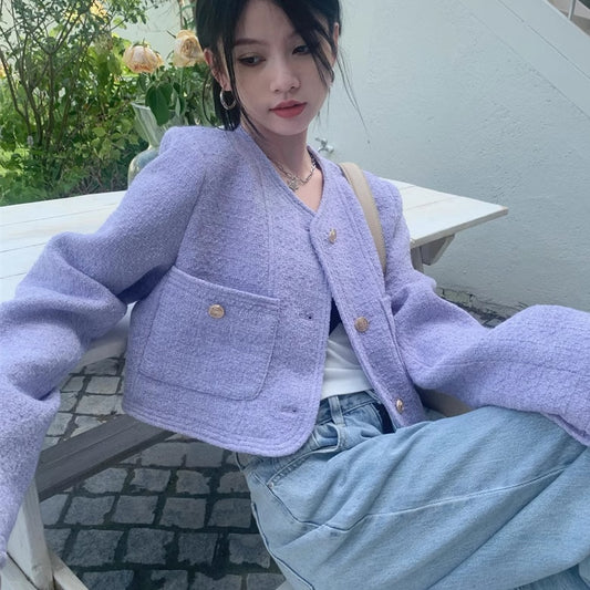 ノーカラー ジャケット レディース 韓国 ファッション 金ボタン ジャケット ブルゾン カーディガン ツイード ショート丈 おしゃれ 春 アウター きれいめ 大人