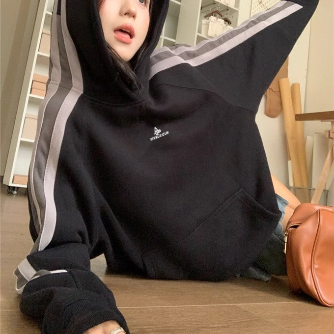 パーカー レディース サイドライン ビッグシルエット ラグラン プルオーバー 韓国 スポーツライン 秋冬 トップス
