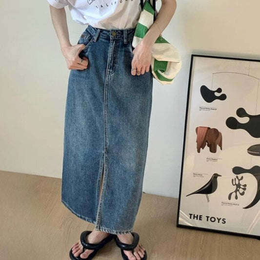 デニム ロングスカート レディース 韓国 ファッション ブルーデニム デニムスカート フロントスリット