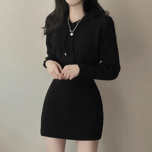 ニット パーカー ミニワンピース 韓国 ファッション リブニット フード 無地 長袖 春 ワンピ