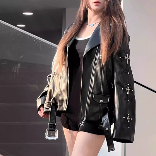 十字架 モチーフ エコレザージャケット レディース 韓国 ファッション ライダース バイカージャケット メタル ビジュー PUレザー オーバーサイズ