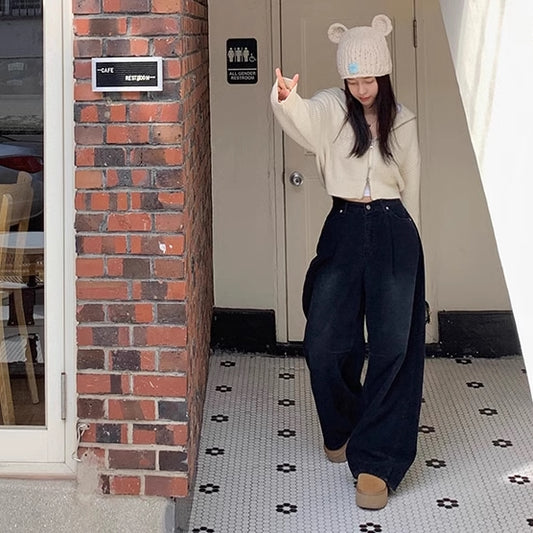 ヴィンテージ コーデュロイ ワイドパンツ 韓国 ファッション レディース タック ボリュームパンツ ユーズド加工