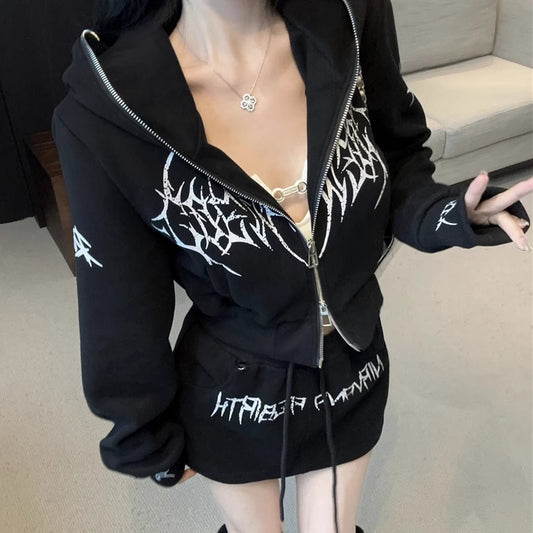 スウェット セットアップ パーカー レディース 韓国 ファッション ゴシックパンク コーデ フーディ ミニスカート 上下セット