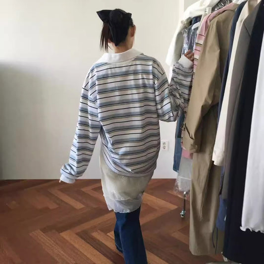 ボーダー ポロシャツ 長袖 レディース 韓国 ファッション マルチボーダー ラガーシャツ カットソー 長T 秋トップス ロゴ ワンポイント