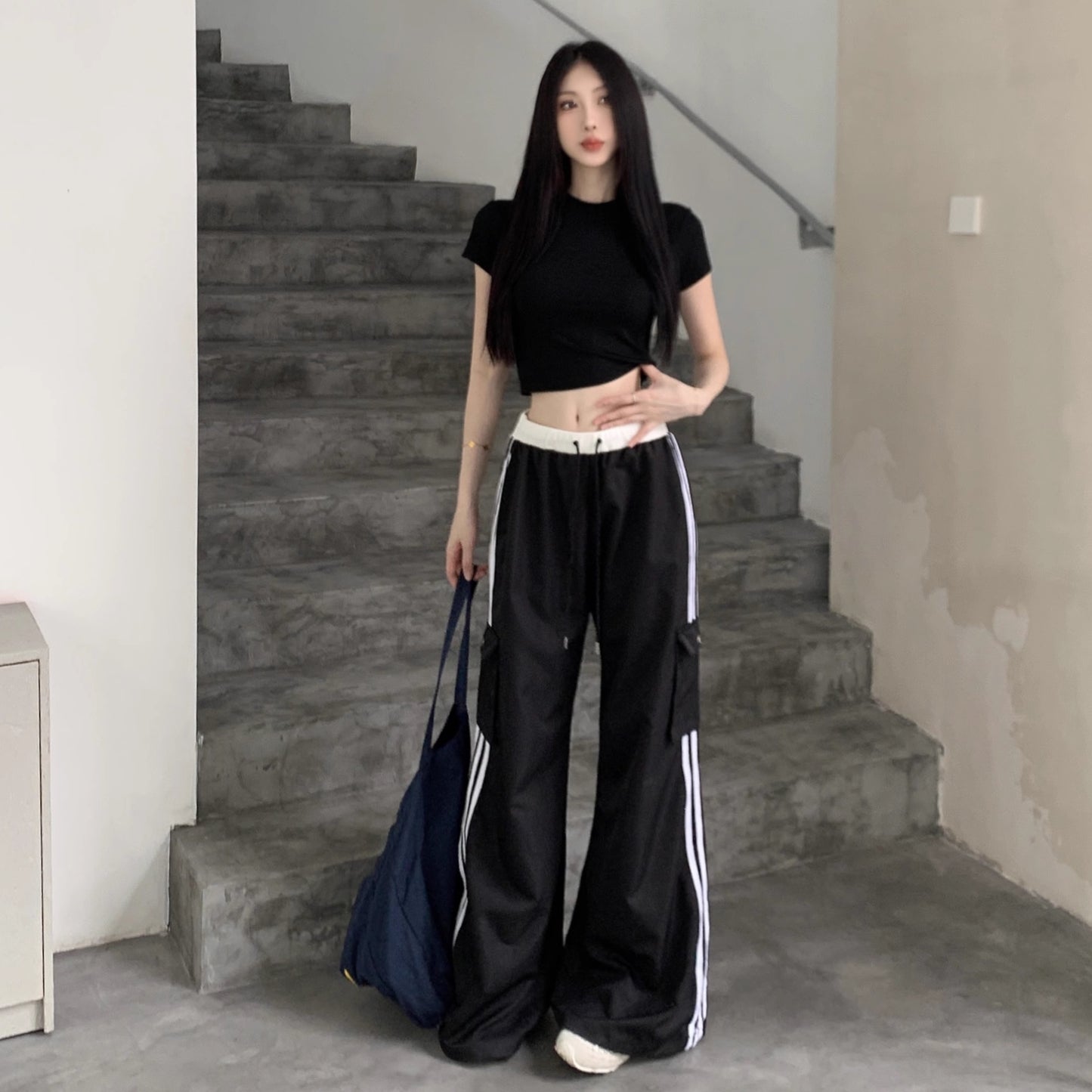 サイドライン カーゴ スウェットパンツ 韓国 ファッション レディース スポーティ ワイドパンツ