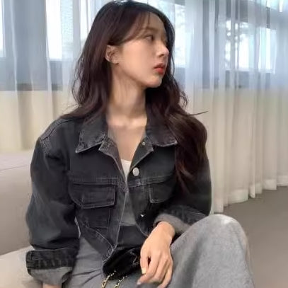 クロップド デニムジャケット レディース 韓国 ファッション ショート丈 Gジャン ブラック ブルー denim