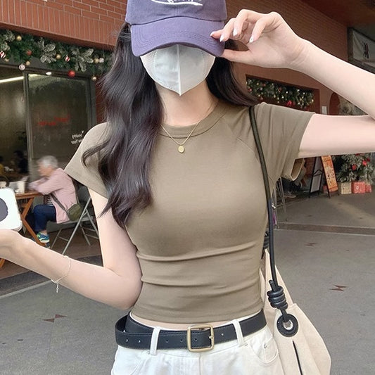 クロップド Tレディース 韓国 ファッション ショート丈 タイトフィット ストレッチ 夏T