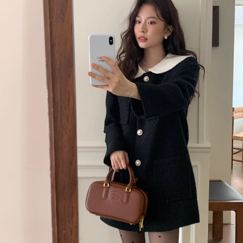 丸襟付き ワンピース レディース 韓国 ファッション パール 上品 清楚 お呼ばれワンピ ガーリー フォーマル 黒ワンピ