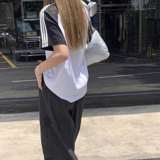 ライン ラグラン Tシャツ レディース 韓国 ファッション 袖ライン ロゴマーク メンズライク 夏 半袖 オーバーサイズ トップス