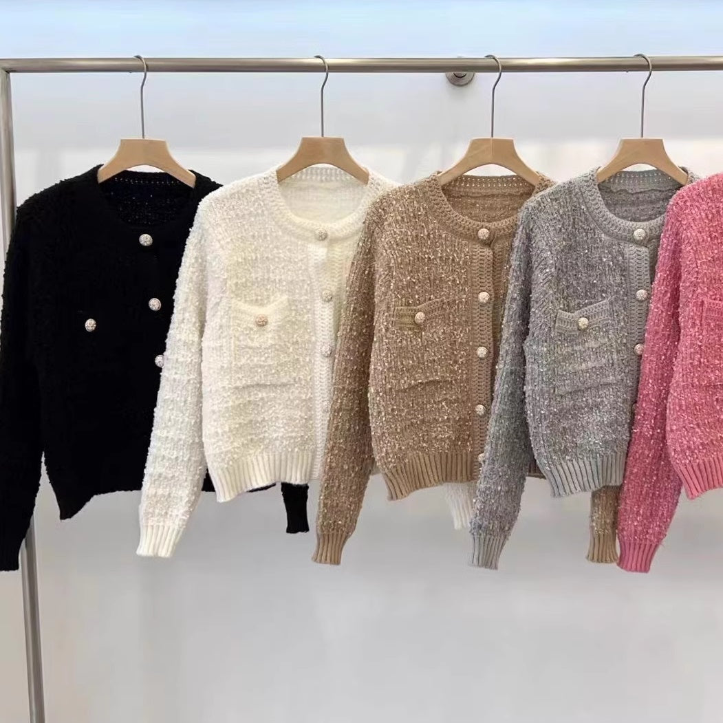 ショート カーディガン レディース 韓国 ファッション クロップド 装飾 ボタン ニットカーデ