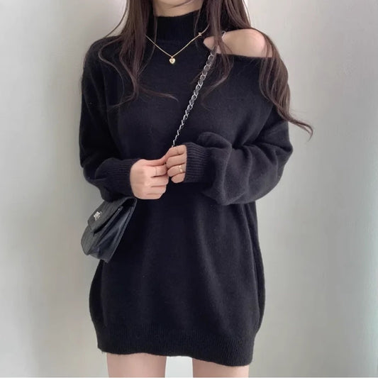 ワンショルダー ニット レディース 韓国 カットショルダー ロング丈 冬 ニット