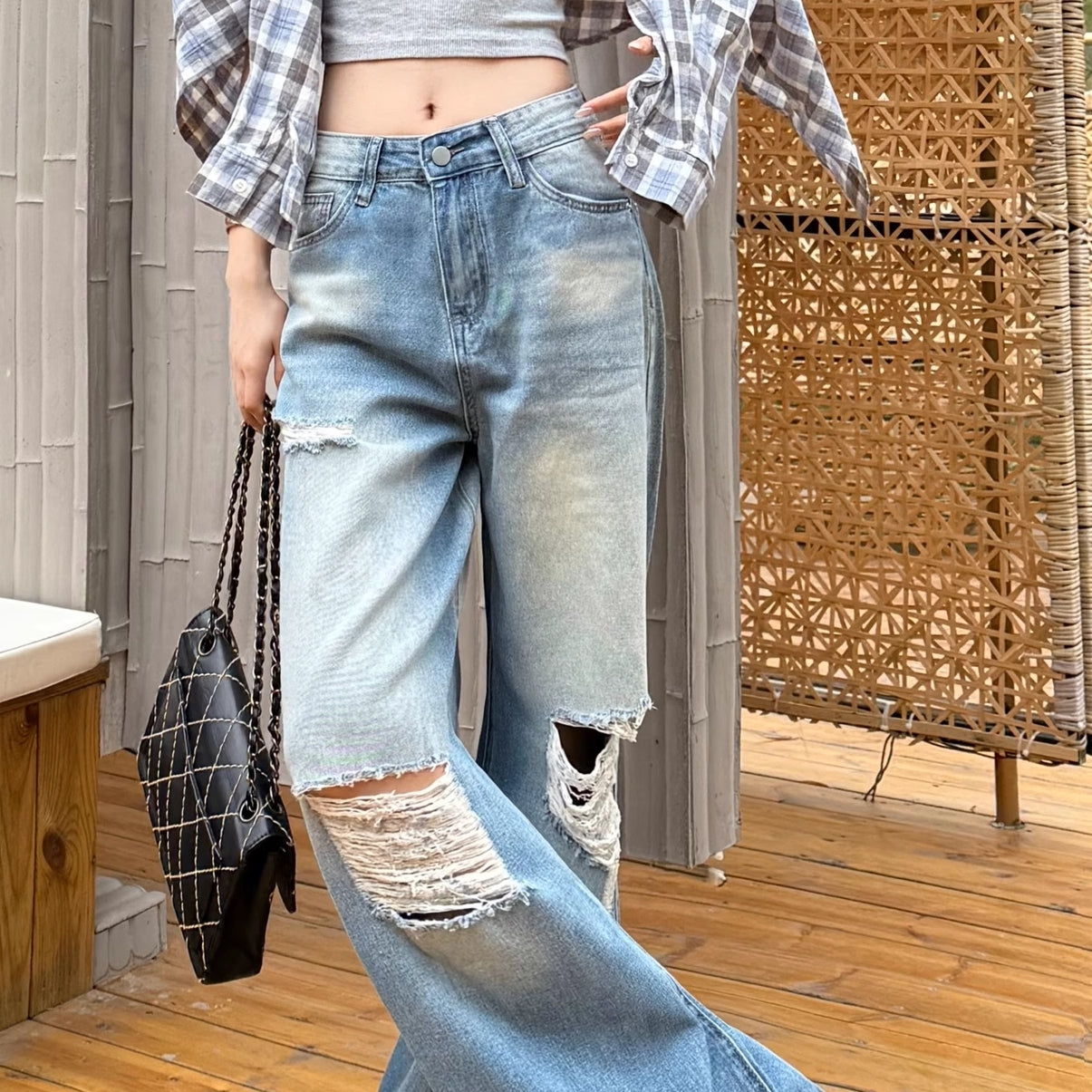 クラッシュ フレア デニムパンツ レディース 韓国 ファッション ヴィンテージ ダメージ加工 ワイドデニム