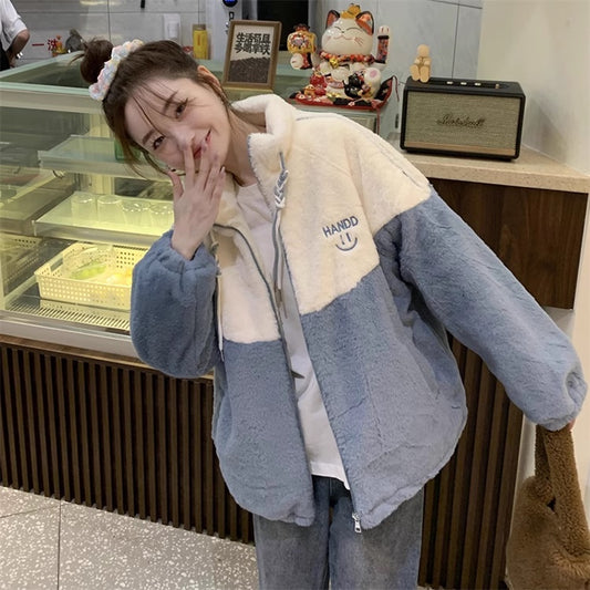 ボア ジャケット レディース 韓国 ファッション バイカラー ジップアップ ベアジャケット ワンポイント ロゴマーク スマイル ボア フリース ブルゾン