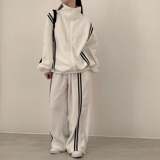 スウェット セットアップ ジャージ レディース 韓国 ファッション 冬 裏起毛 トラックジャケット ワイドパンツ 上下セット