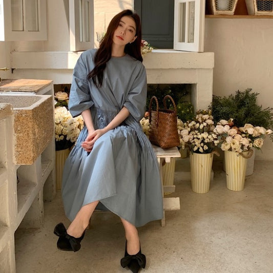 テヒアード ワンピース 韓国 ファッション レディース 5分袖 ゆったり ロングワンピース