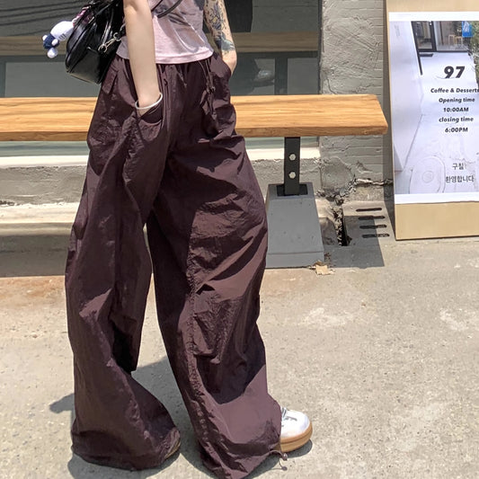 ナイロン ワイドパンツ レディース 韓国 ファッション ウエストゴム ワインレッド レトロカラー イージーパンツ