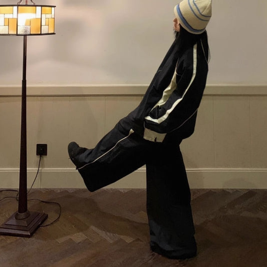 ナイロン ジャージ セットアップ レディース 韓国 ファッション ジップ ナイロンジャケット シャカパン 上下セット ストリート カジュアル バイカラー モノクロ ラインジャージ