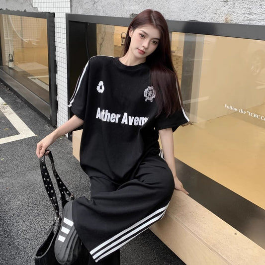 セットアップ レディース サイドライン Tシャツ パンツ 上下セット 韓国 ファッション ロゴ オーバーサイズ スポーティー セットアップ