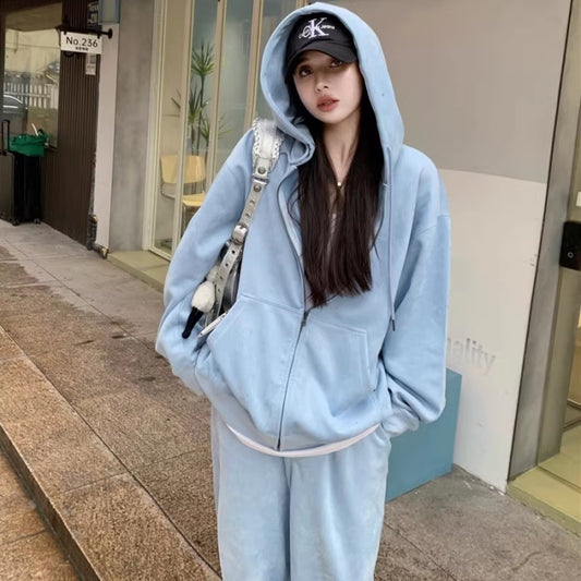 パーカー セットアップ レディース スエード調 スウェット 韓国 ファッション オーバーサイズ ジップパーカー ワイドパンツ 上下セット 無地