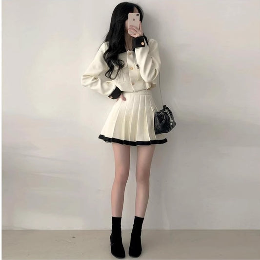 セットアップ レディース きれいめ ジャケット ミニスカート 上下セット 韓国 ファッション クロップド ショートジャケット カフスボタン プリーツスカート