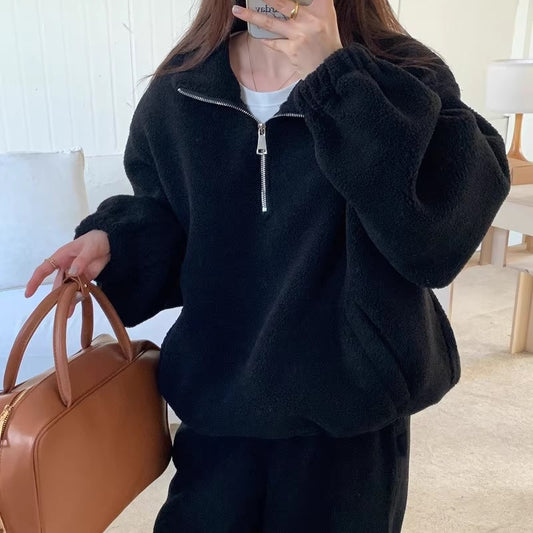 ボア セットアップ レディース 韓国 ファッション ボアフリース ハーフジップ トップス ワイドパンツ オーバーサイズ 上下セット