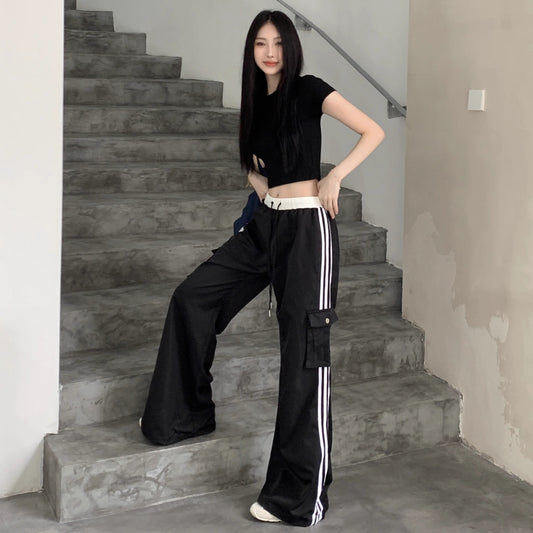サイドライン カーゴ スウェットパンツ 韓国 ファッション レディース スポーティ ワイドパンツ