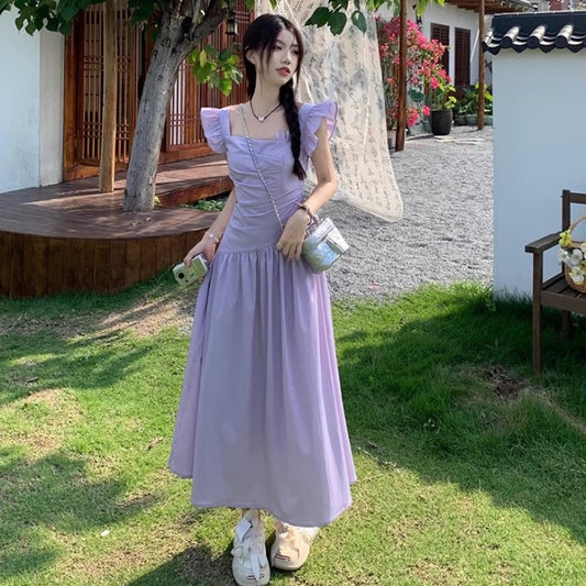 ワンピース ノースリーブ レディース 韓国 ファッション 夏ワンピ スクエアネック 肩フリル ロング フレア Aライン 白ワンピ