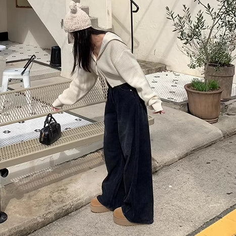 ヴィンテージ コーデュロイ ワイドパンツ 韓国 ファッション レディース タック ボリュームパンツ ユーズド加工