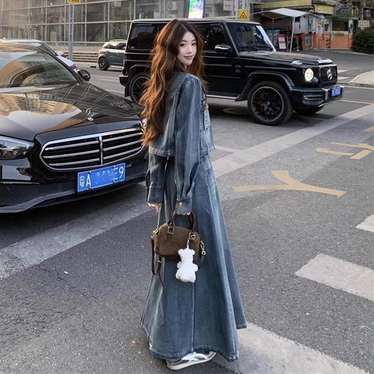 デニム セットアップ ロングスカート レディース 韓国 ファッション ユーズド加工 フレアロングスカート ショート丈 クロップ デニムジャケット デニム マキシスカー上下セット