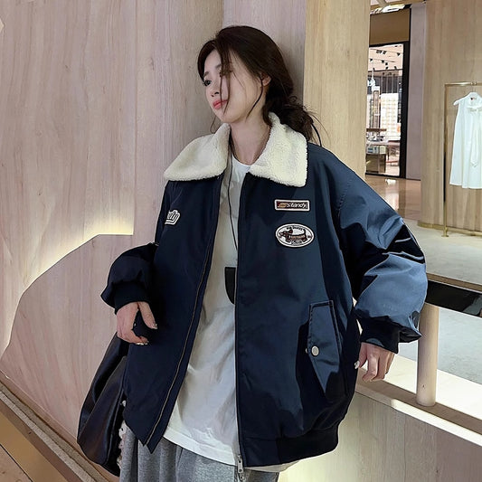 ボア フライトジャケット 韓国 アウター レディース ワッペン ロゴ キルティング かわいい ドカジャン