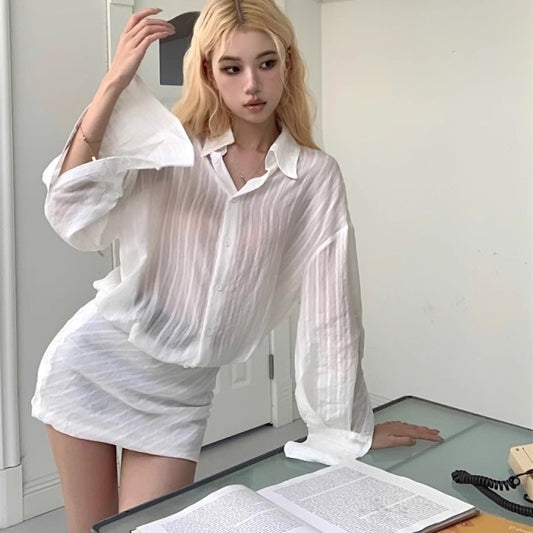 シアー シャツ ミニスカート ドッキング シースルー セットアップ ワンピ ウエスト切り替え レディース シースルー 長袖シャツ