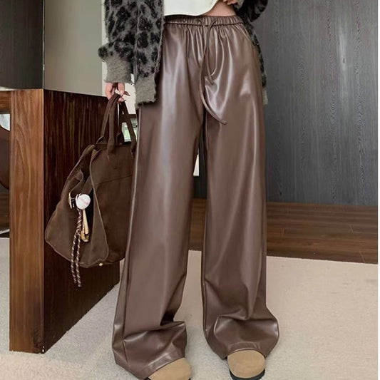 エコレザー ワイドパンツ レディース 韓国 ファッション 冬 パンツ PUレザー パンツ
