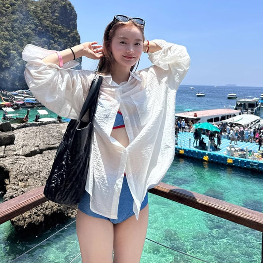 カバーアップ シャツ レディース 韓国 ファッション 夏 オーバーサイズ 薄手 長袖 白シャツ