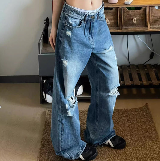 ダメージ デニムパンツ レディース 韓国 ファッション クラッシュ リップド ジーンズ ストレート