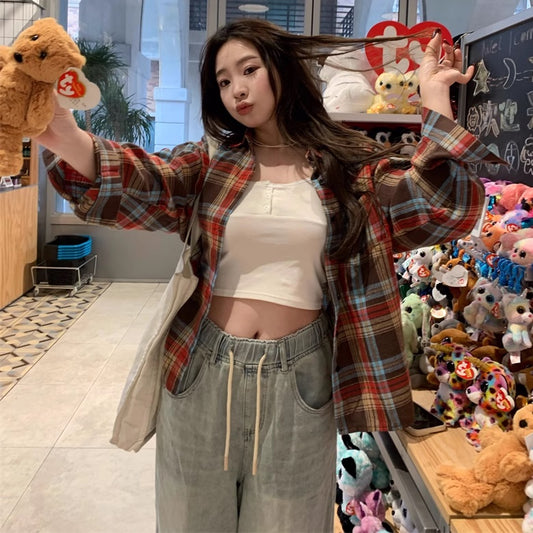 チェックシャツ レディース 韓国 ファッション カバーアップ 長袖シャツ マドラスチェック かわいい 春 柄シャツ