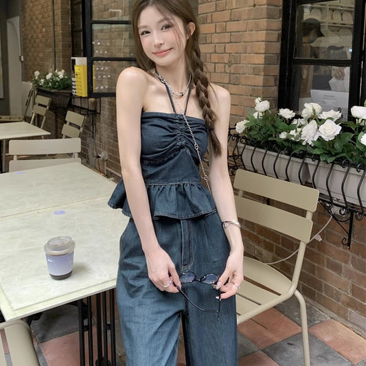 デニム セットアップ レディース 韓国 ホルターネック キャミ ワイドパンツ 上下セット