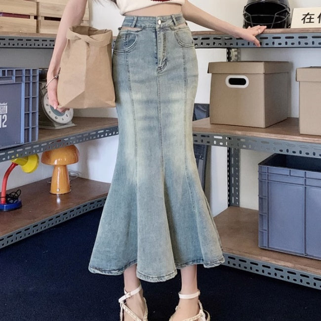 デニム マーメイドスカート 韓国 レディース ファッション Aライン ロング デニムスカート ヴィンテージ加工 ナロースカート