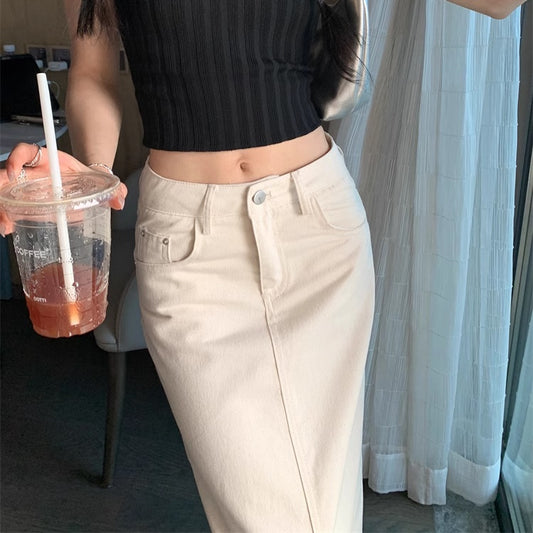 デニムスカート レディース 韓国 ファッション レトロ ホワイトデニム ナロー ロング スカート
