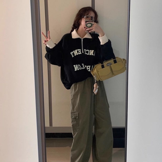 ハーフジップ トレーナー レディース ロゴ ラガー スウェット トップス 韓国 ファッション ビッグシルエット