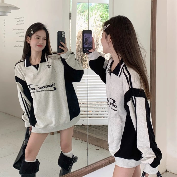 ライン トレーナー レディース 韓国 ファッション ポロ襟 スポーツ ロゴ スウェット トップス