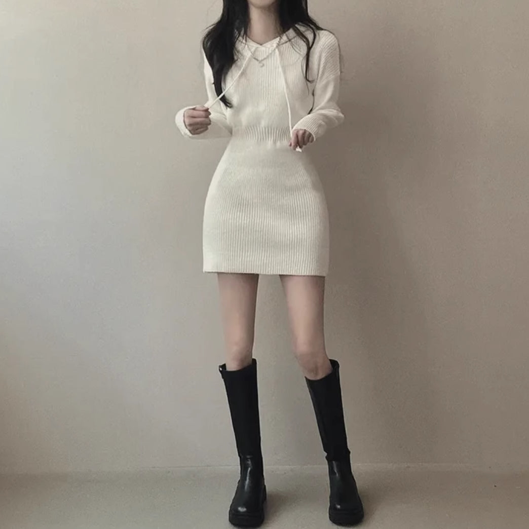 フード ニット ワンピース 韓国 ファッション タイト ストレッチ ニットパーカー ミニワンピ