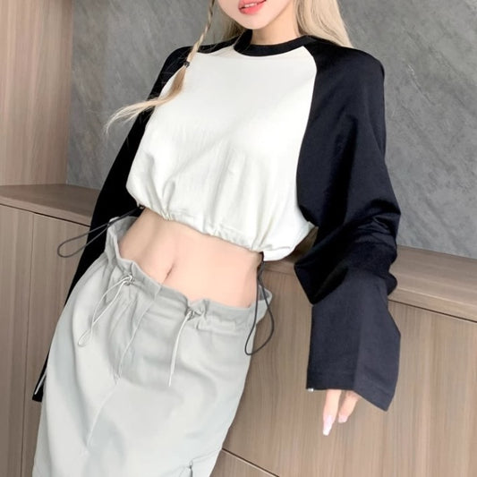 クロップド ラグラン ロンT レディース 韓国 ファッション 長袖 ショート丈 ドローコード パラシュート ロングTシャツ